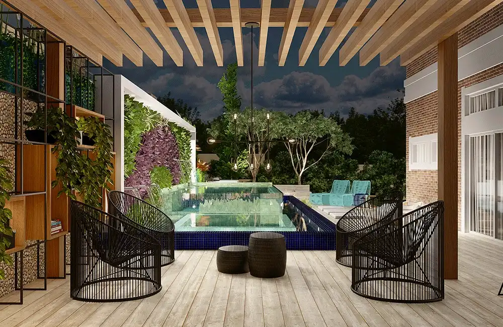 Piscina com borda infinita de vidro