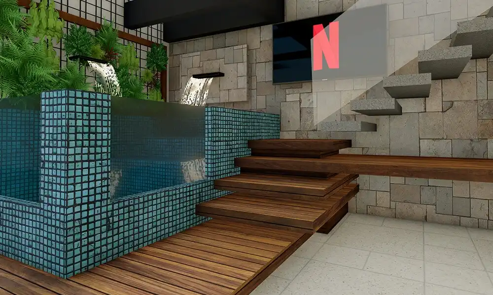 Piscina Indoor com deck de Madeira