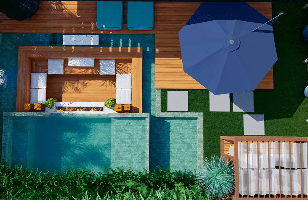 Paisagismo em volta da piscina com móveis e piscina elevada