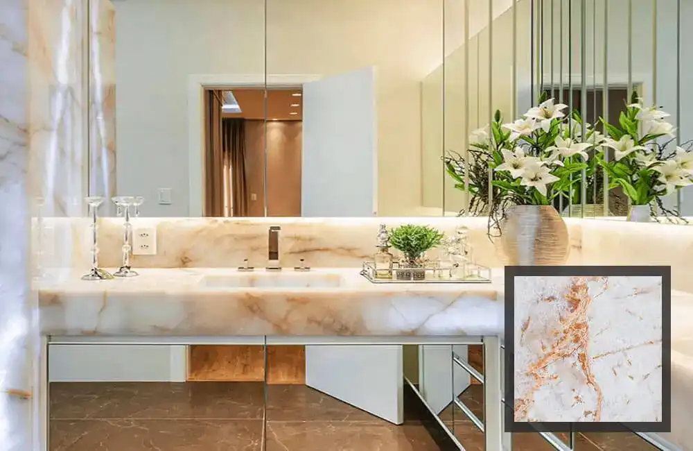 Revestimento de pedras naturais 49 Pedra Ônix Revestimento de Banheiro