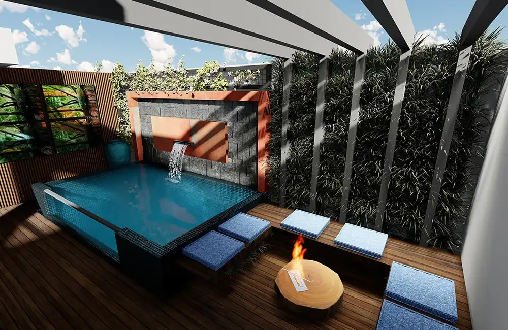 Pergolado de Metal para Churrasqueira com Piscina de Vidro