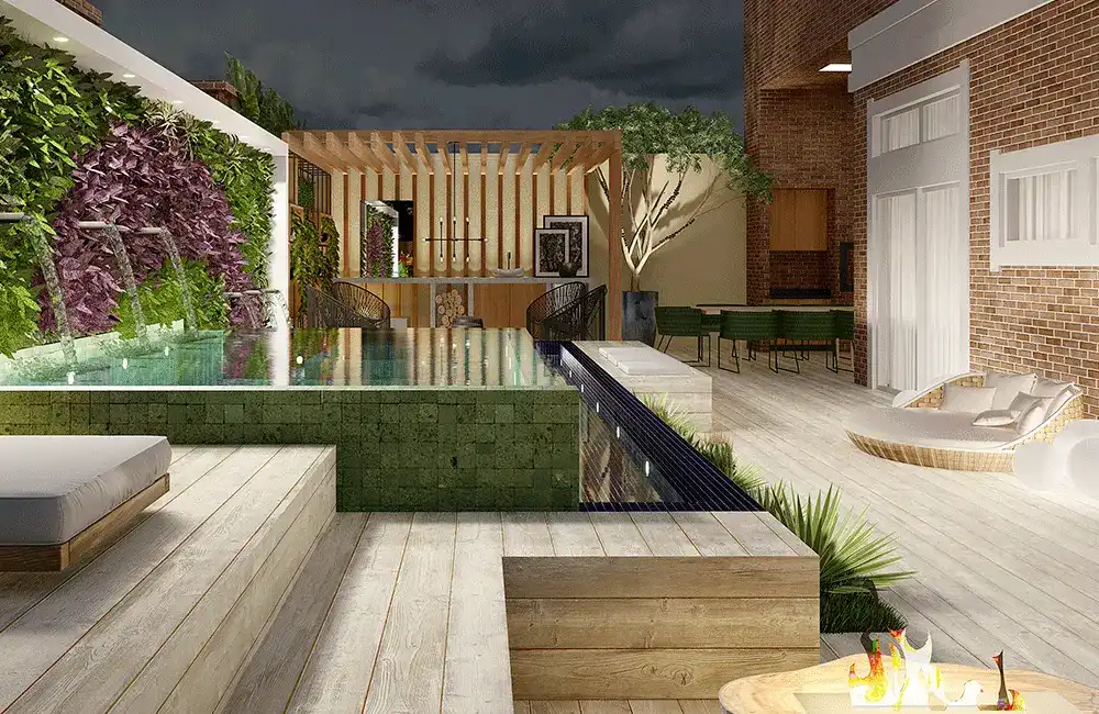 pedra hijau para piscina com jardim vertical e deck plástico