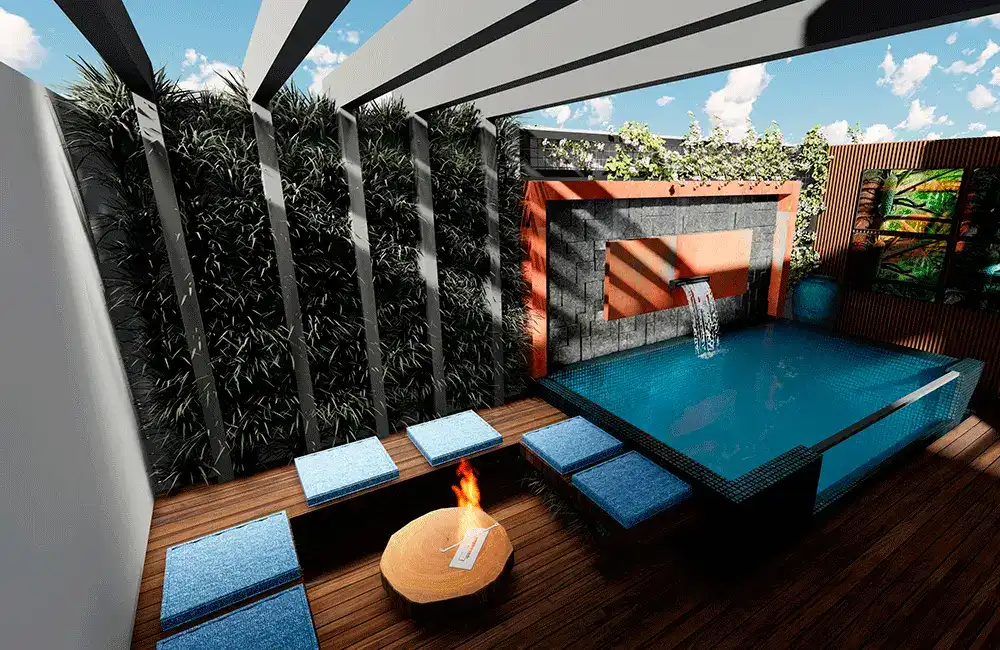 Pergolado com Piscina: +37 Fotos e Ideias para Inspirar 80 Pergolado para piscina com lareira