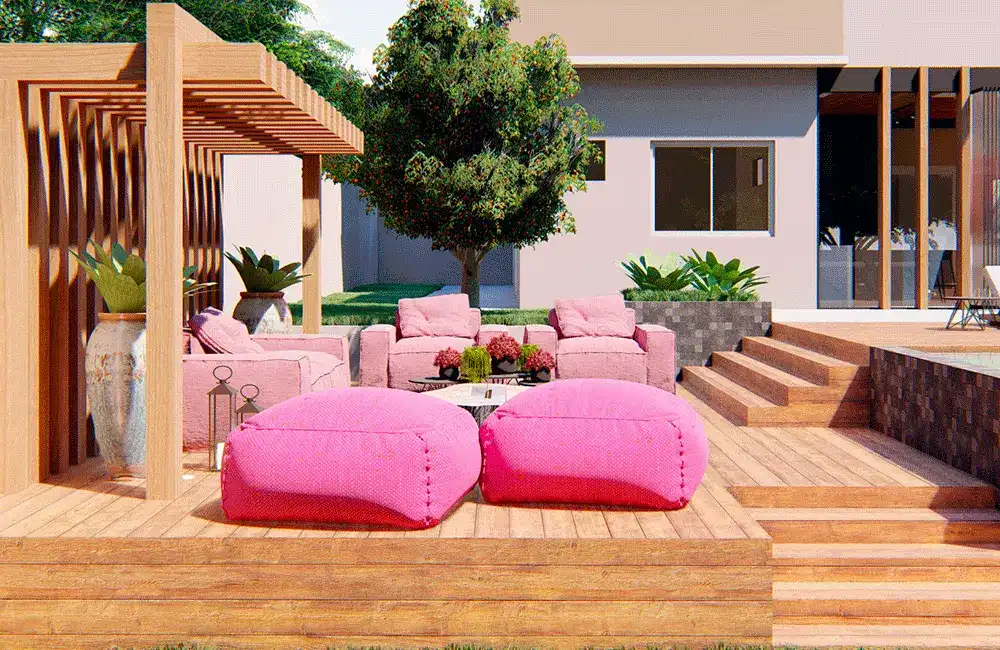 Pergolado com Piscina: +37 Fotos e Ideias para Inspirar 81 Pergolado Piscina com almofadas rosa e móveis de corda