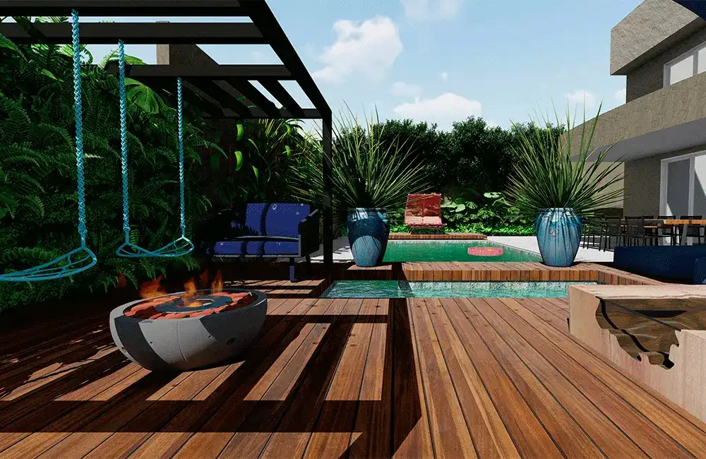 Pergolado com Piscina: +37 Fotos e Ideias para Inspirar 84 Pergolado Piscina com balanços de corda