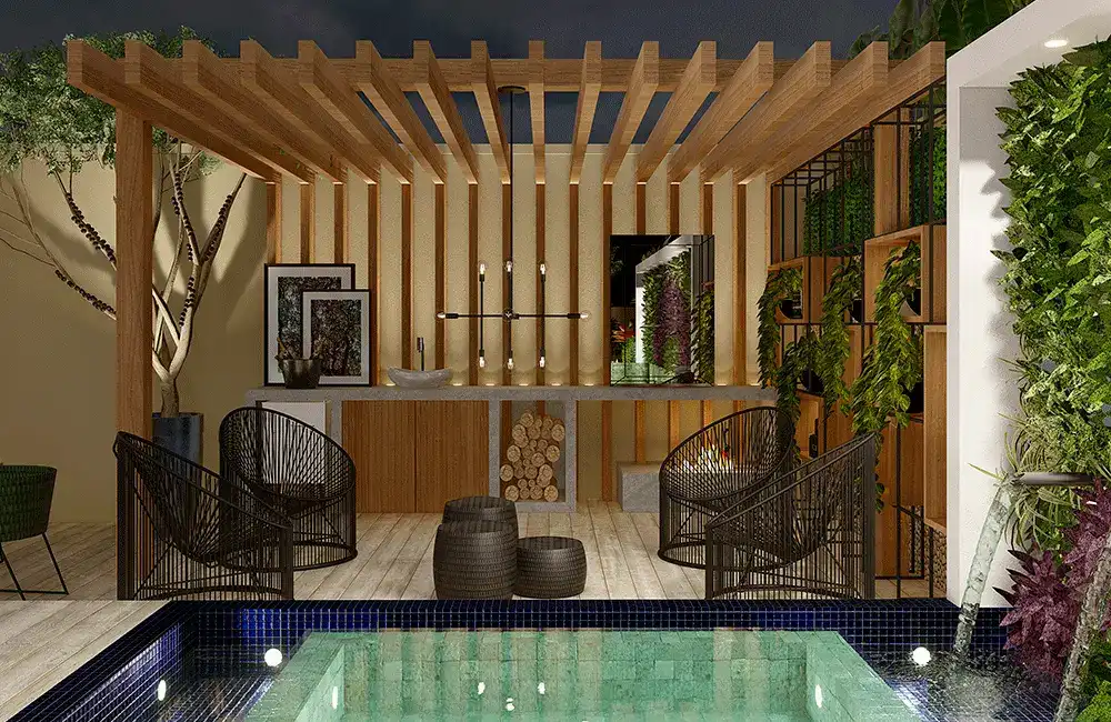 Pergolado com Piscina: +37 Fotos e Ideias para Inspirar 85 Pergolado Piscina com Deck de madeira