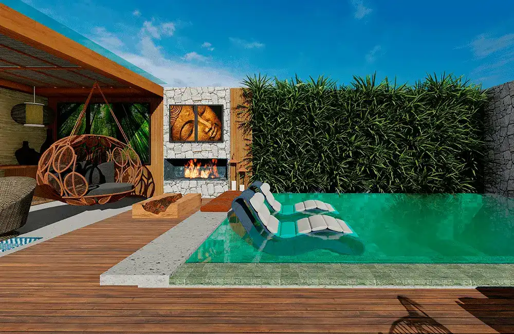 Pergolado com Piscina: +37 Fotos e Ideias para Inspirar 82 Pergolado piscina com cobertura de palha