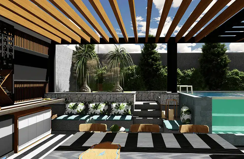 Pergolado com Piscina: +37 Fotos e Ideias para Inspirar 89 Pergolado com piscina na área de churrasqueira