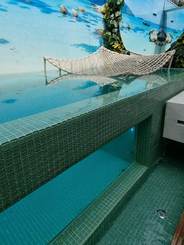 piscina de concreto armado com prainha e visor de vidro