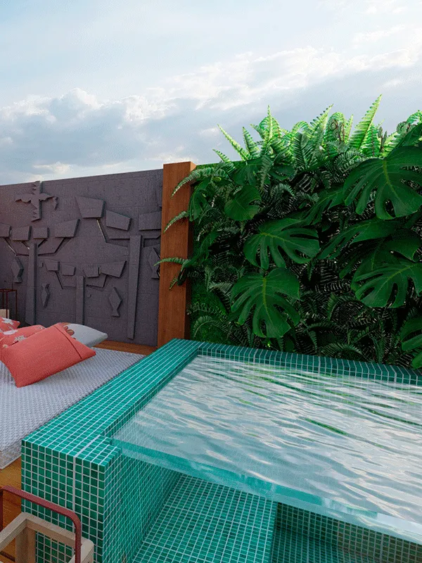 piscina pequena no terraço com paisagismo no entorno