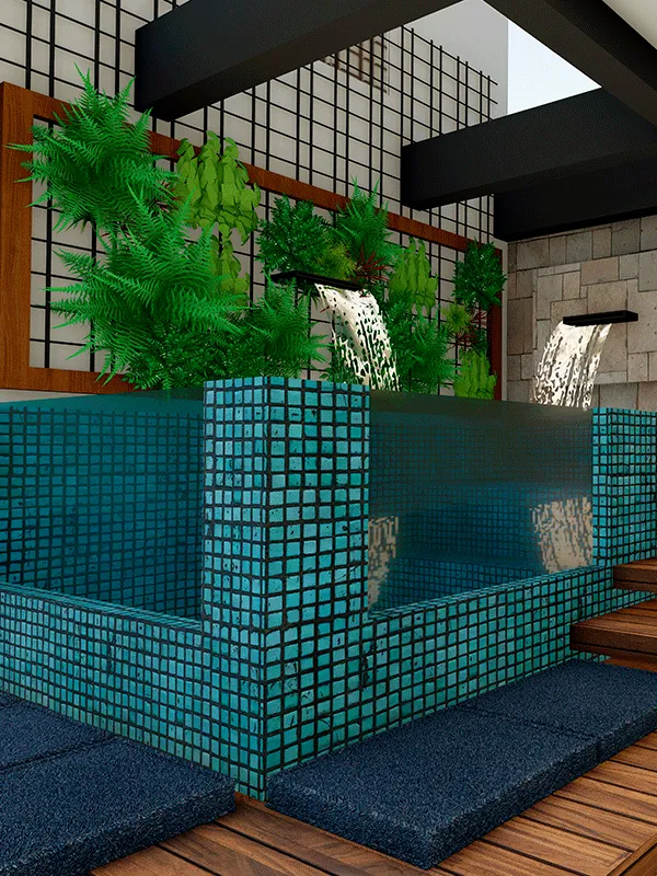 piscina indoor com duas parede de vidro