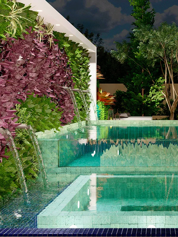 jardim com piscina de vidro e hidro integrado, uma cascata na parede