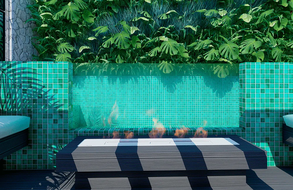 piscina clean com visores de vidro e jardim vertical na parede, além do espaço fogueira 