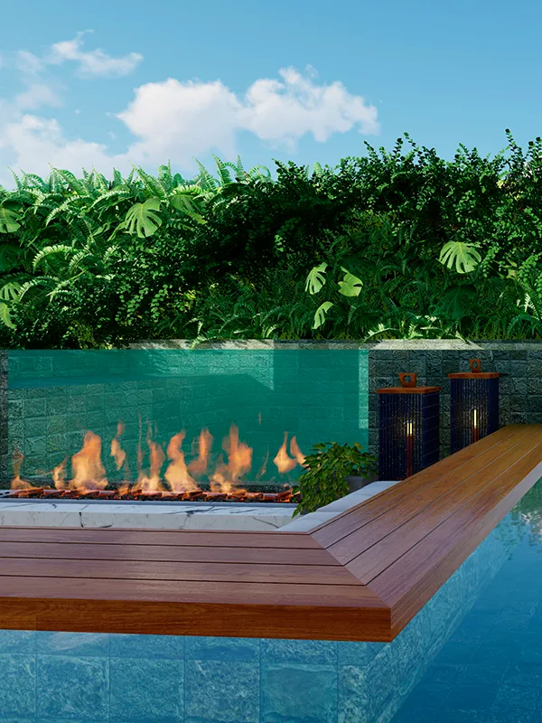 cenário com fogo na frente da piscina