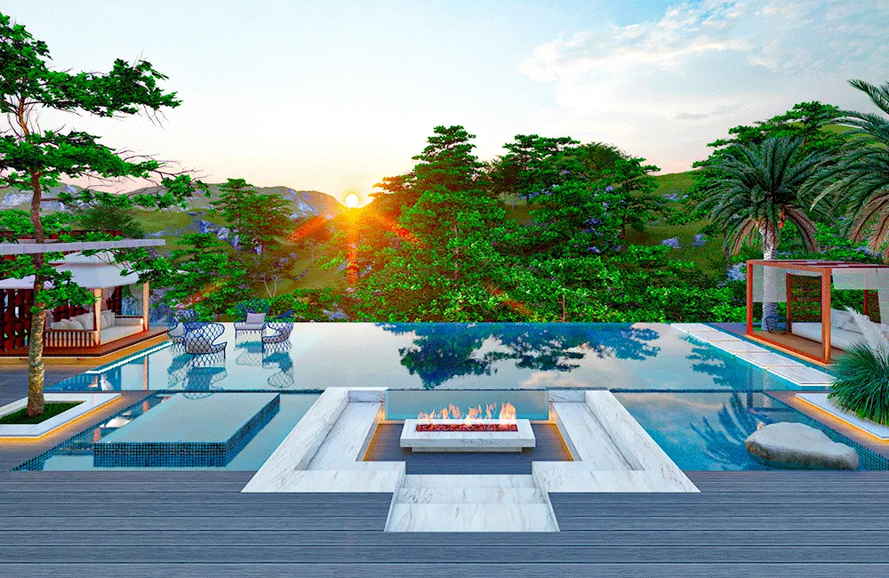 piscinas modernas com espaço fogueira e deck ecológico