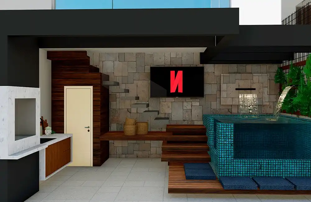 Piscina Borda Infinita Pequena com cascata dupla