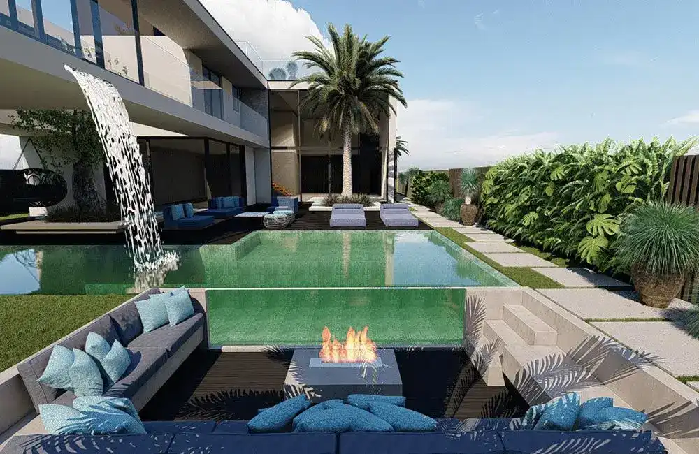 Piscina elevada com cascata e borda infinita