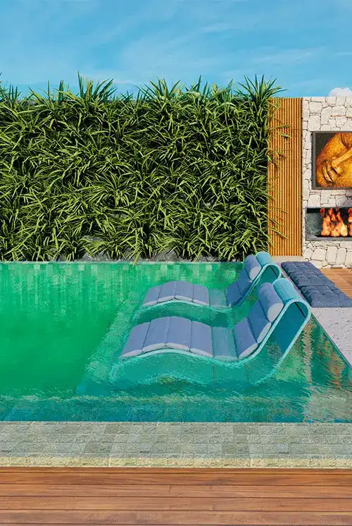 Jardim com plantas e madeira na frente da piscina