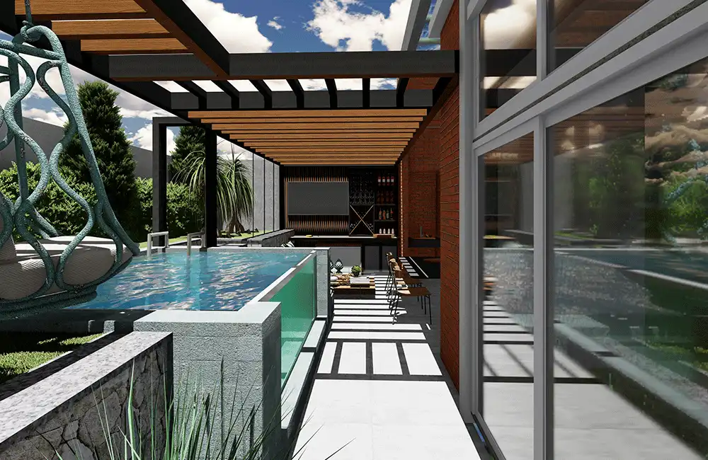 area de lazer com piscina e churrasqueira 