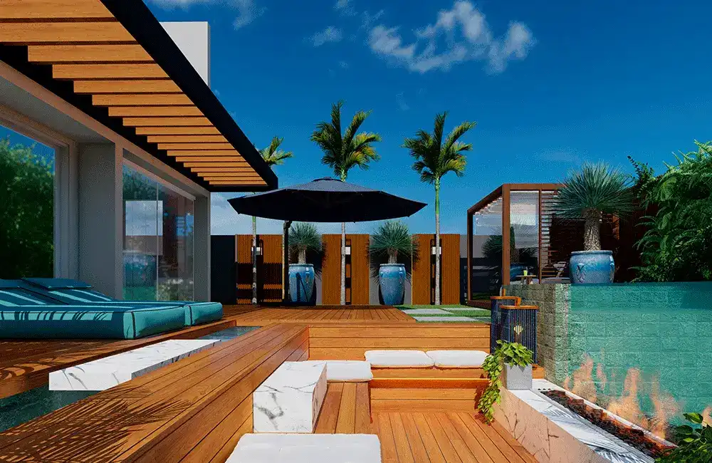 area externa com deck e piscina integrando espaços