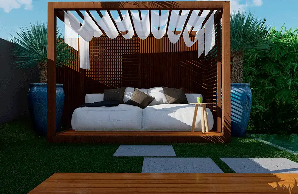 pergolado com brise madeira na espaço de piscina