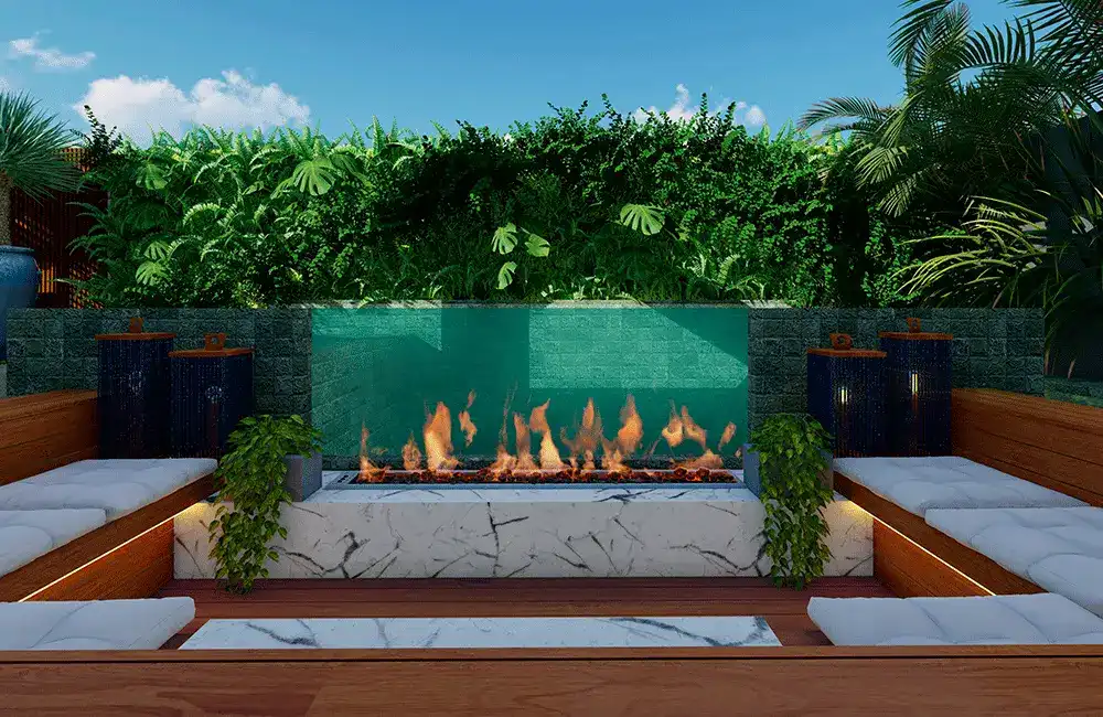 espaço com lareira ecológica e parede de vidro