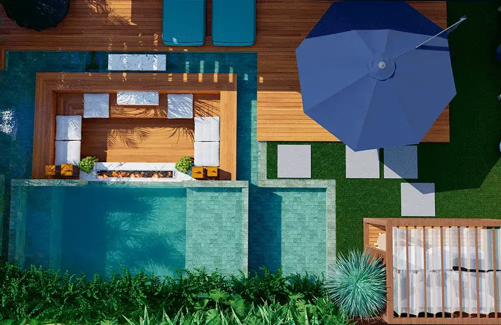 Conforto na area de lazer de piscinas em casa