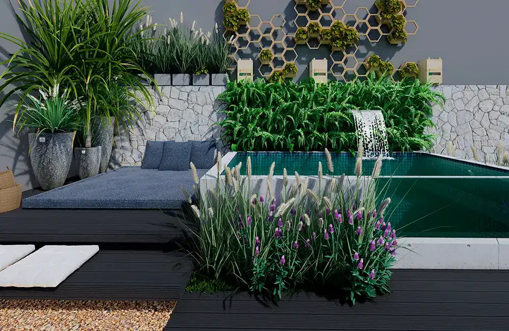 area de lazer de piscinas com jardim vertical na parede 