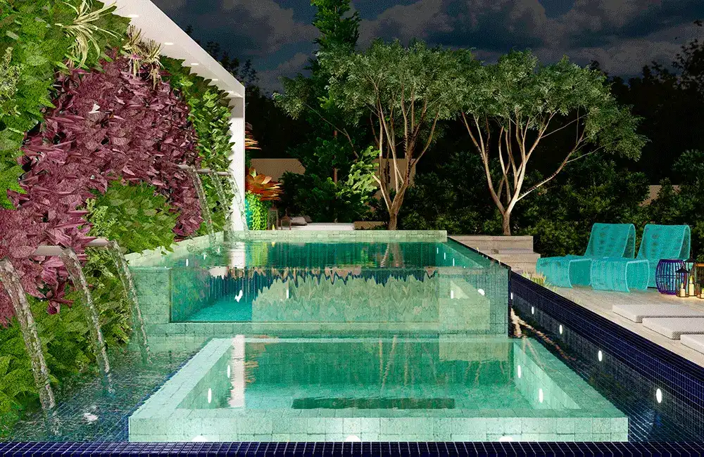 ambiente de lazer com piscina pequena e paisagismo de jardim vertical na parede 