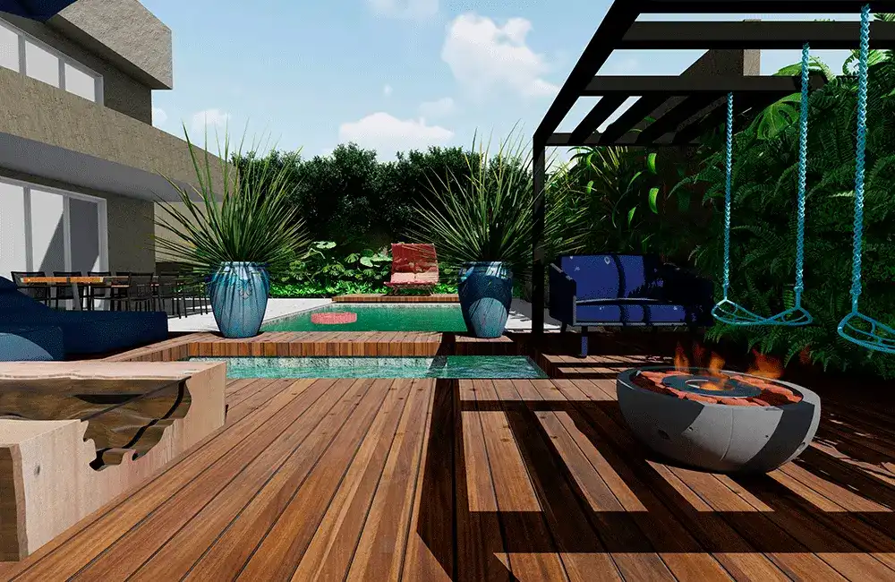 preenchimento de paisagismo na area de lazer com piscina