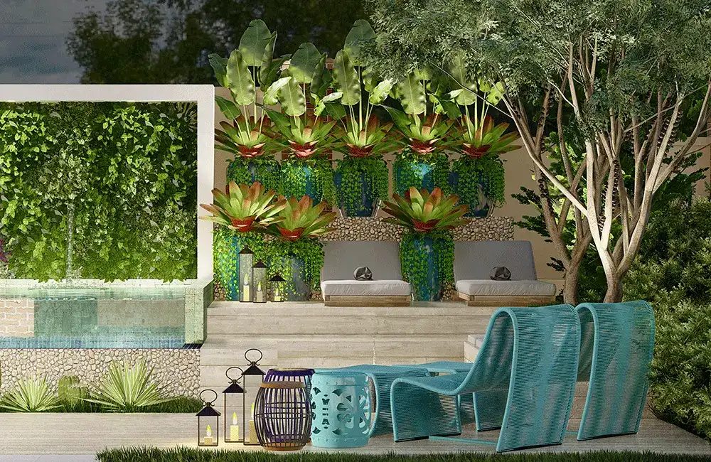 Móveis de corda exterior na area de lazer com piscina