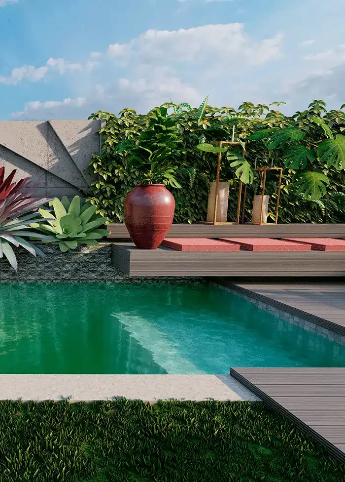 piscina de vinil com prainha e deck plástico cinza