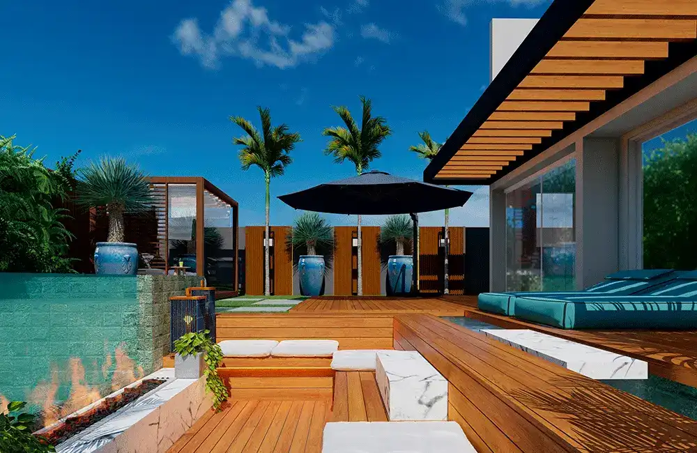 Espaço de pergolado piscina