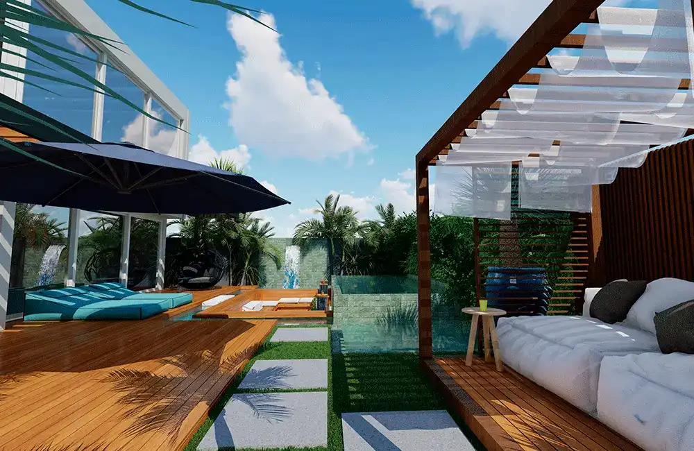 Visual deslumbrante co pergolado piscina e deck