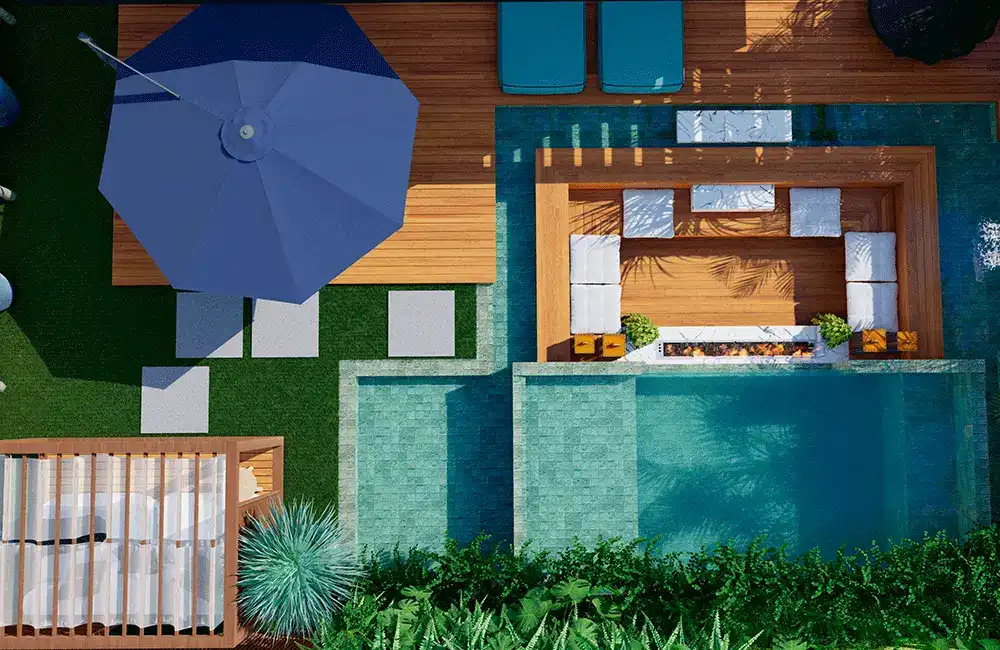 área de lazer com piscina e deck de madeira