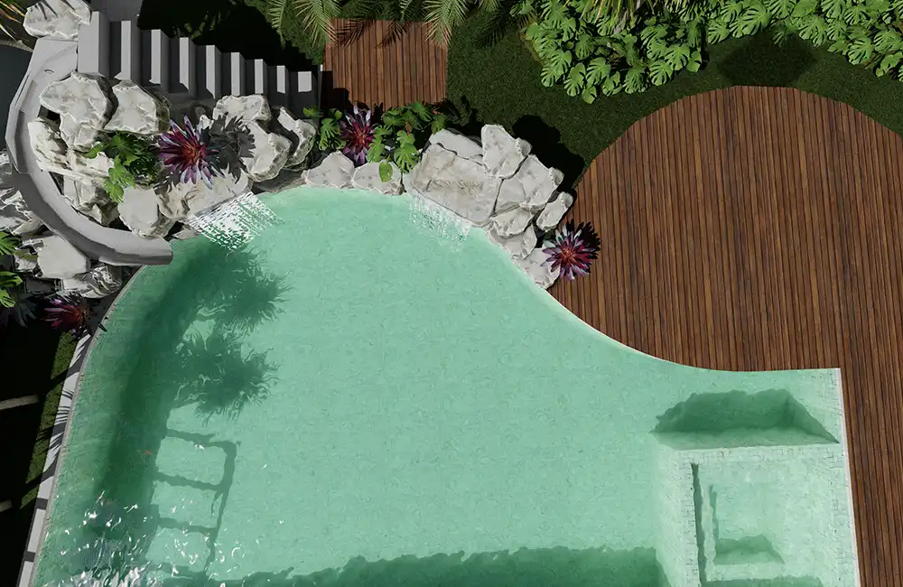 tobogã de pedra na area de lazer com piscina