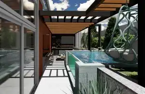 madeira no teto e piso branco cimenticio