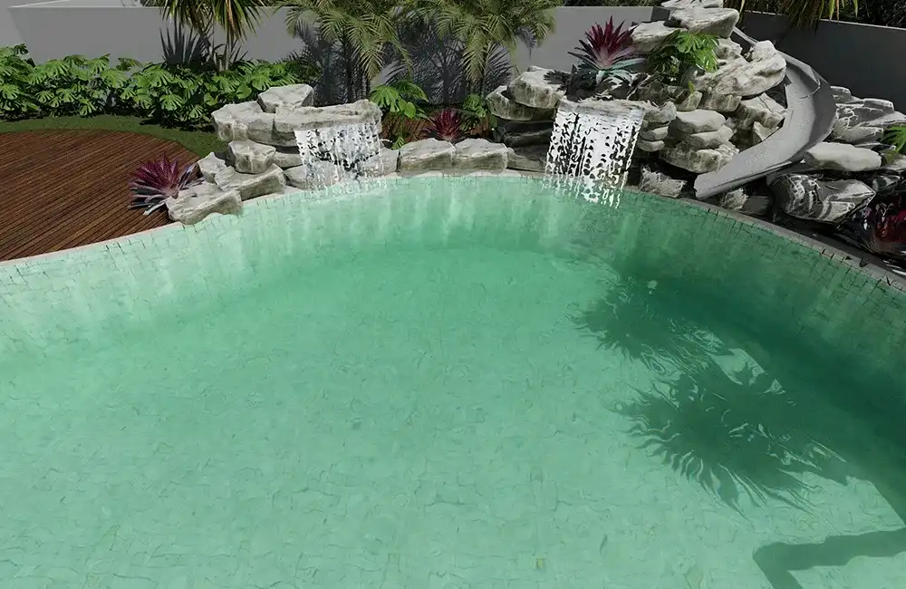 Piscina redonda grande com cascata de pedra e plantas 