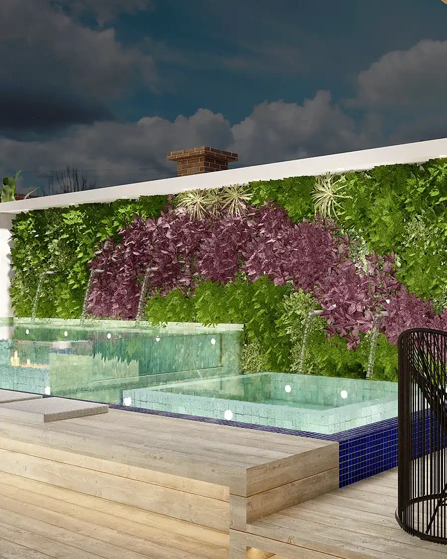 Parede de jardim vertical com piscina
