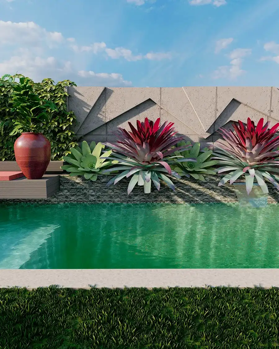 Piscina com bromélia na parede