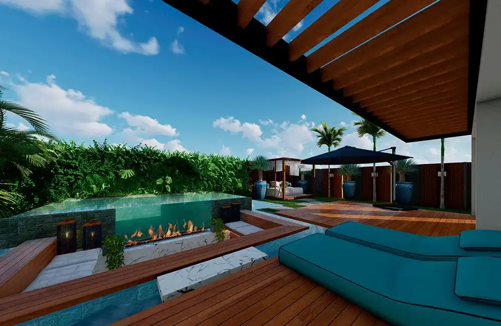 Piscina elevada com visor de vidro e jardim vertical na parede 
