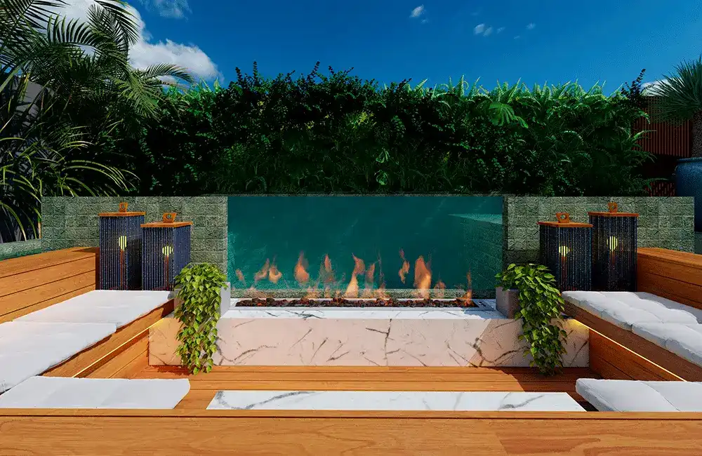 Bordas de piscina com granito e deck de madeira