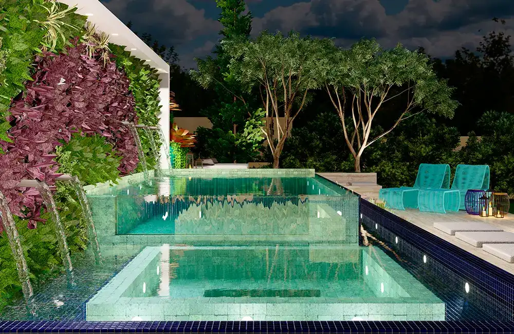 jardim vertical na parede da piscina