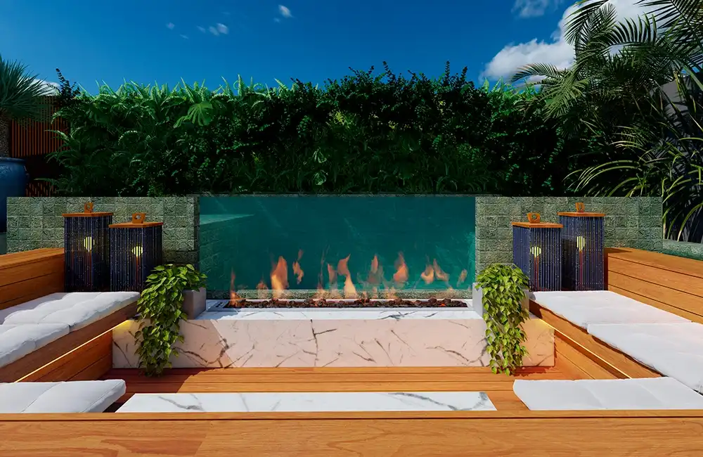 paisagismo para piscina com deck, mármore e jardim vertical na parede