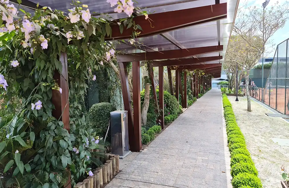 pergolado com plantas e caminho de pedra no jardim