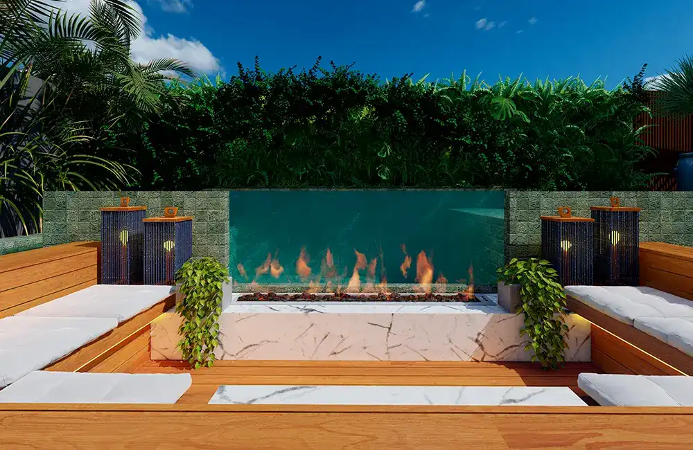 piscina de vidro com parede de jardim vertical