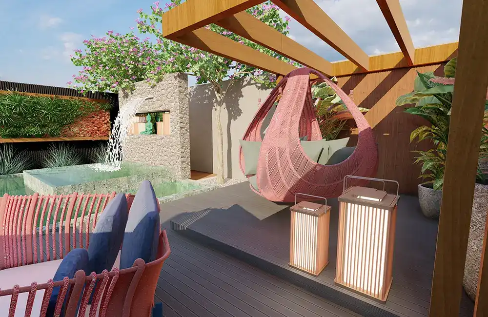 terraço com pergolado e piscina