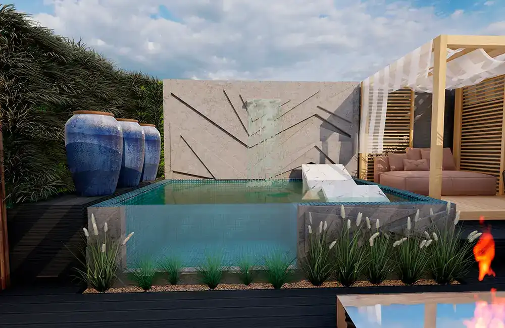 espreguiçadeiras na piscina de vidro