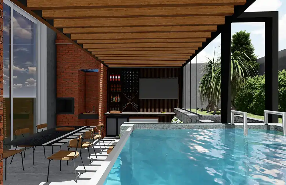 piscina com pergolado e tv na parede