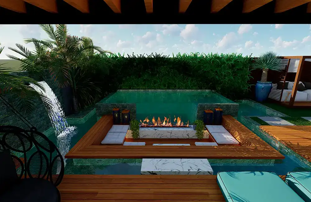 piscina de vidro moderna com paisagismo